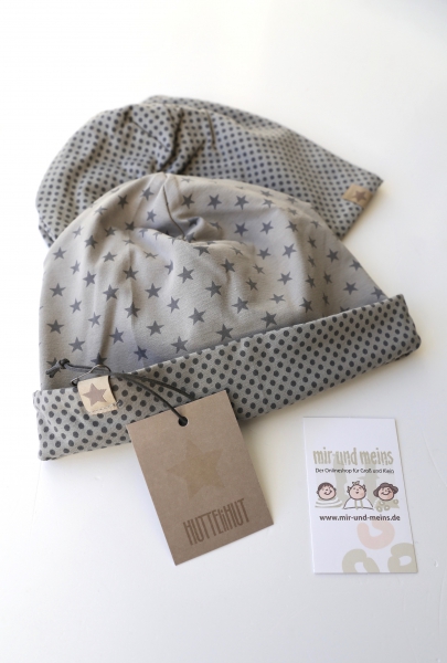 Huttelihut  - Mütze Beanie zum Wenden grau Sterne und Dots